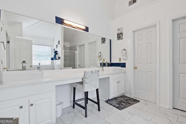 bathroom with a shower with door and vanity