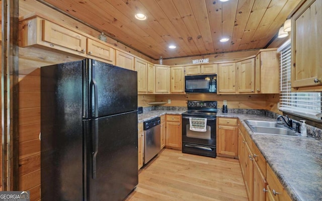 kitchen featuring light wood-type flooring, black appliances, sink, and wood ceiling