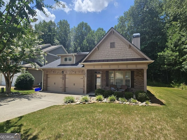 craftsman inspired home with a porch, a garage, and a front lawn