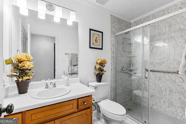 bathroom with a textured ceiling, vanity, an enclosed shower, crown molding, and toilet