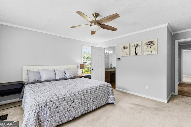 bedroom featuring ceiling fan, a textured ceiling, light carpet, and ornamental molding