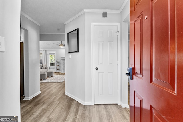 foyer entrance with light wood-type flooring, ornamental molding, and ceiling fan