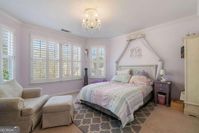 carpeted bedroom featuring ornamental molding, a chandelier, and multiple windows