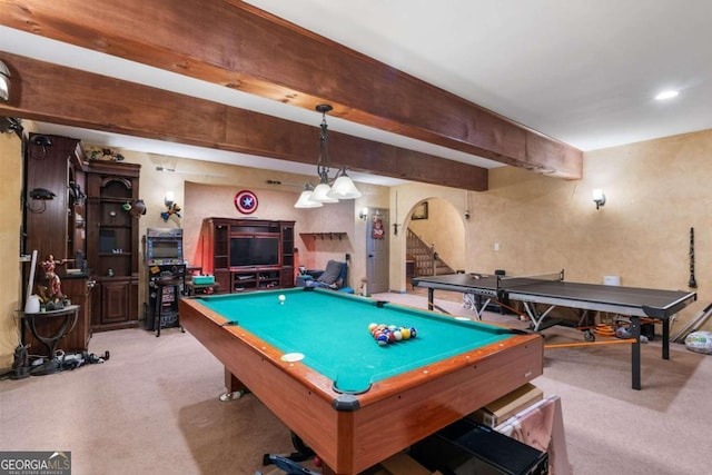 playroom featuring billiards, beam ceiling, and light colored carpet