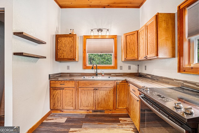 kitchen featuring wooden ceiling, stainless steel electric stove, sink, and dark hardwood / wood-style floors