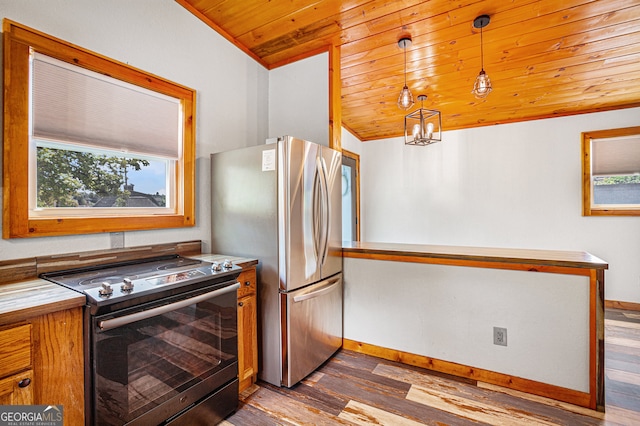 kitchen featuring hanging light fixtures, wooden ceiling, vaulted ceiling, hardwood / wood-style floors, and appliances with stainless steel finishes