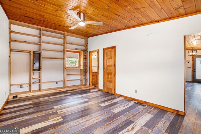 spare room with ceiling fan with notable chandelier, wood ceiling, ornamental molding, and hardwood / wood-style floors