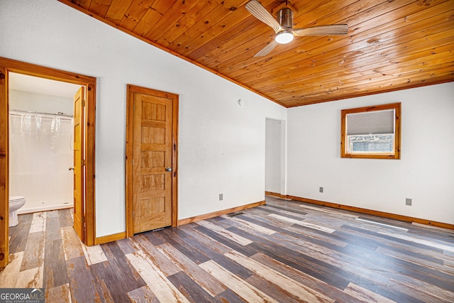 unfurnished room with ceiling fan, wood ceiling, wood-type flooring, and vaulted ceiling