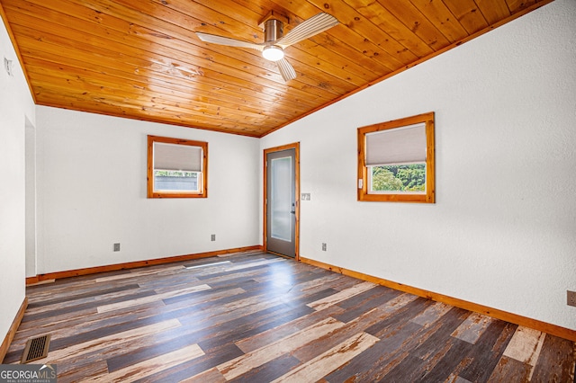 unfurnished room featuring wooden ceiling, lofted ceiling, a wealth of natural light, and ceiling fan