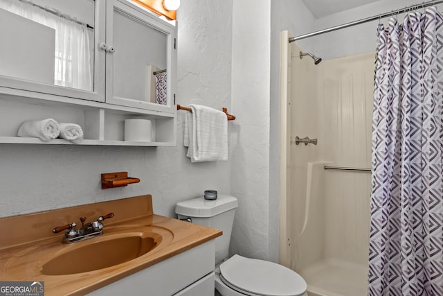 bathroom featuring toilet, vanity, and a shower with curtain