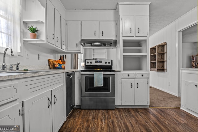 kitchen with ventilation hood, sink, white cabinets, stainless steel range with electric cooktop, and dark hardwood / wood-style flooring