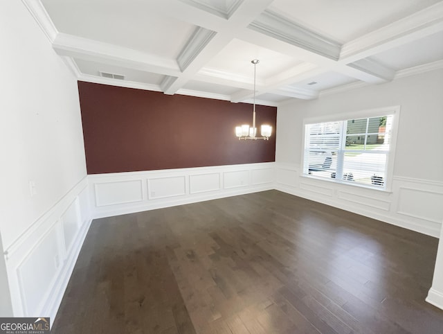 unfurnished dining area featuring dark wood-type flooring, beam ceiling, visible vents, and a notable chandelier