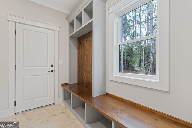 mudroom featuring crown molding