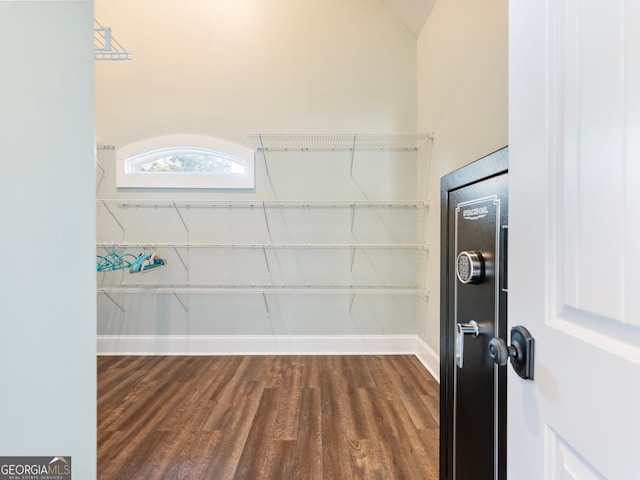 walk in closet with vaulted ceiling and wood-type flooring