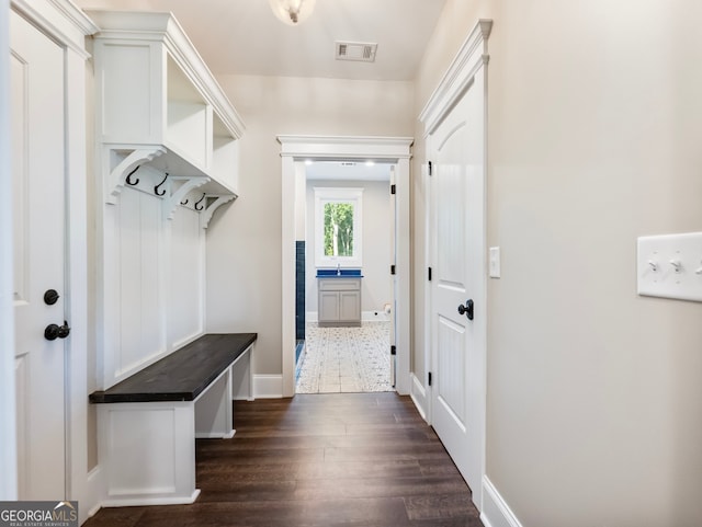 mudroom with dark hardwood / wood-style floors