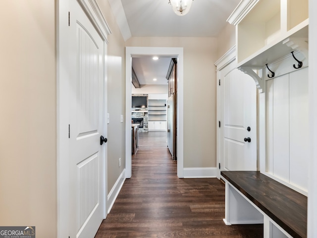 mudroom featuring dark wood-type flooring and a stone fireplace