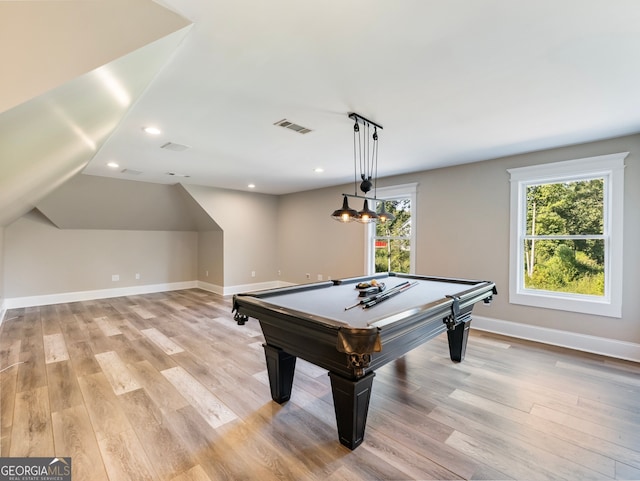 rec room with light wood-type flooring, lofted ceiling, and billiards