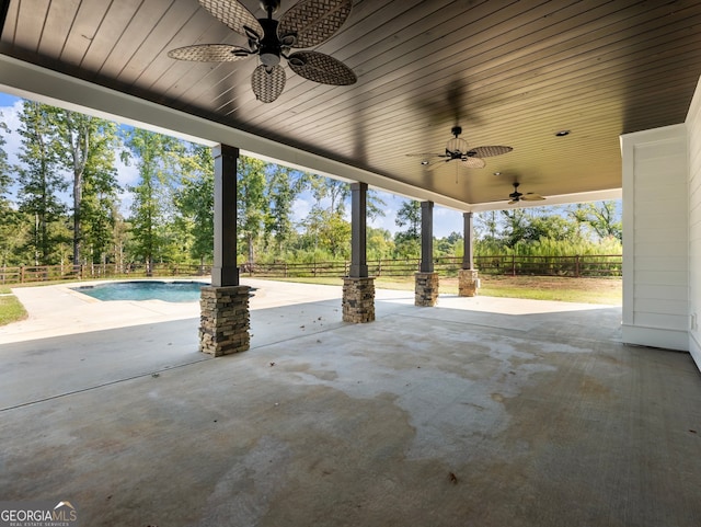 view of patio with ceiling fan and a fenced in pool