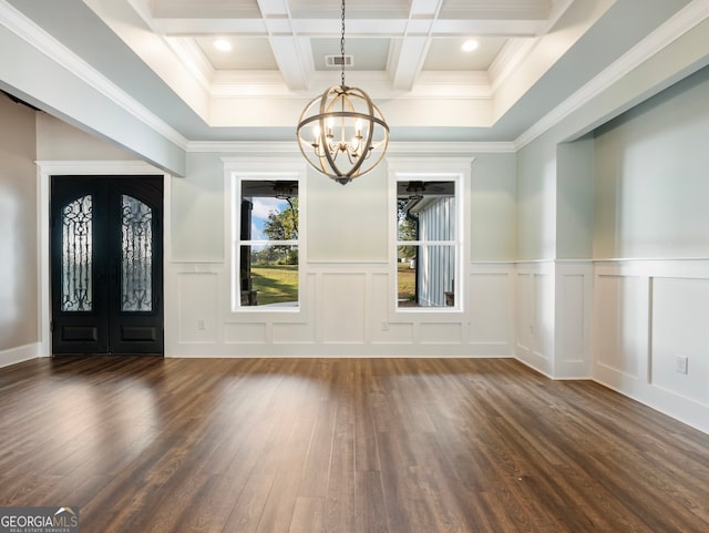 interior space with crown molding, dark hardwood / wood-style flooring, coffered ceiling, and a notable chandelier