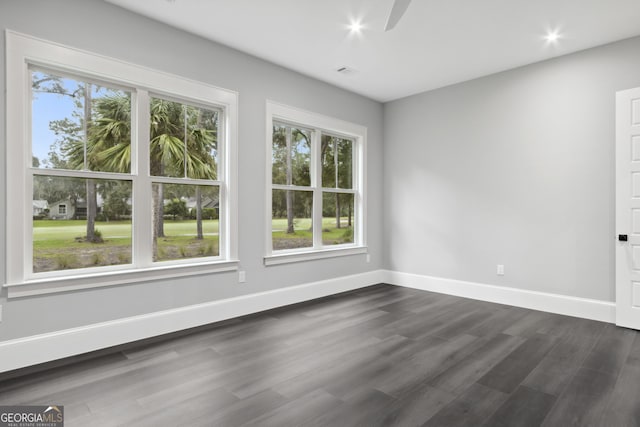 spare room with dark wood-type flooring