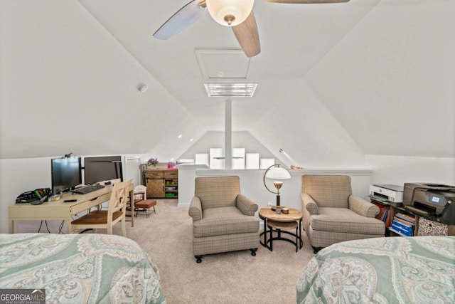 carpeted bedroom featuring ceiling fan and lofted ceiling