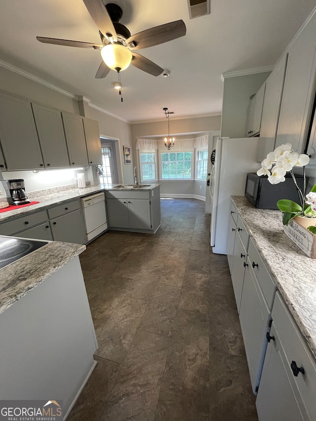 kitchen featuring crown molding, gray cabinets, white dishwasher, and ceiling fan