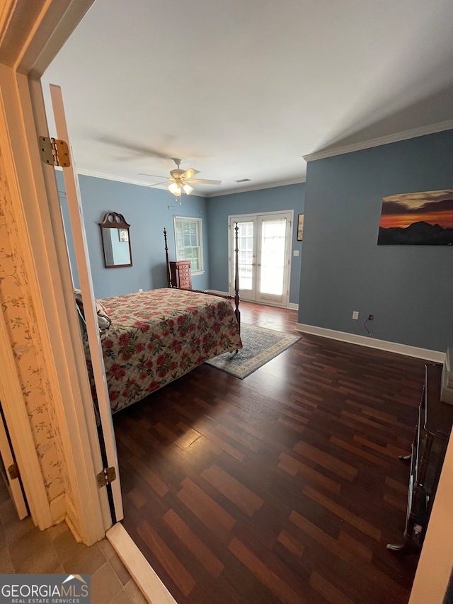 bedroom featuring crown molding, french doors, ceiling fan, and hardwood / wood-style flooring