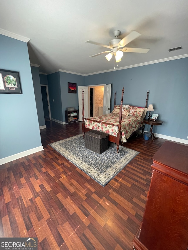 bedroom featuring dark wood-type flooring, ceiling fan, and ornamental molding