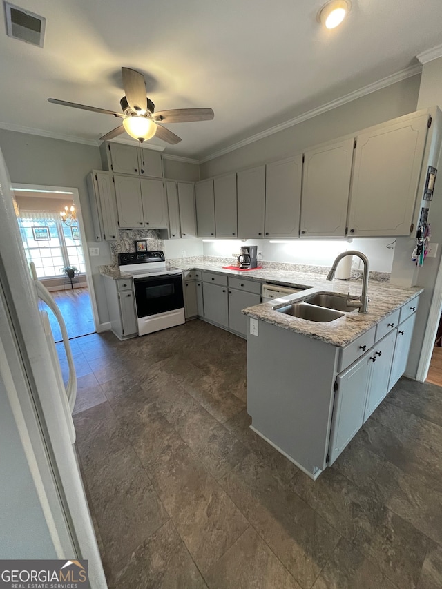 kitchen featuring white cabinets, crown molding, sink, white electric range, and ceiling fan