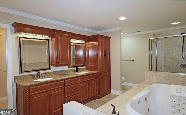 full bathroom featuring tile patterned flooring, vanity, shower with separate bathtub, crown molding, and toilet