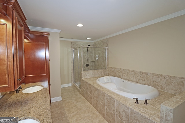 bathroom with vanity, tile patterned floors, separate shower and tub, and crown molding