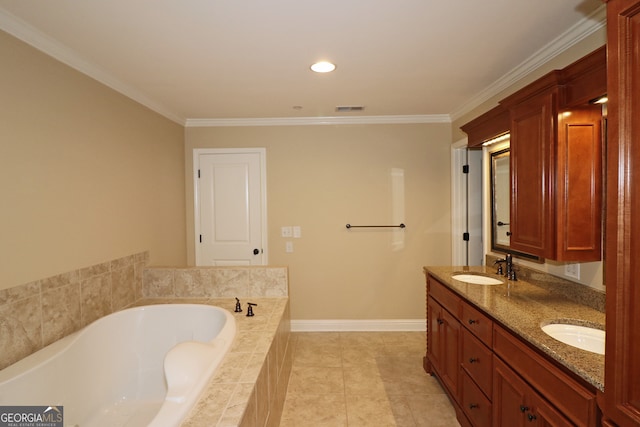 bathroom with tile patterned flooring, vanity, tiled tub, and ornamental molding