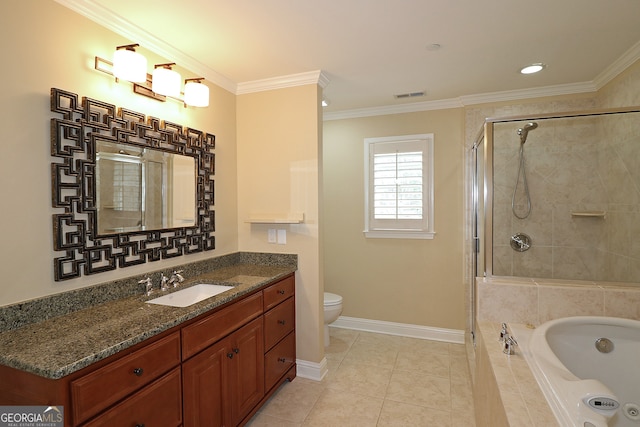 full bathroom with toilet, vanity, tile patterned floors, and crown molding