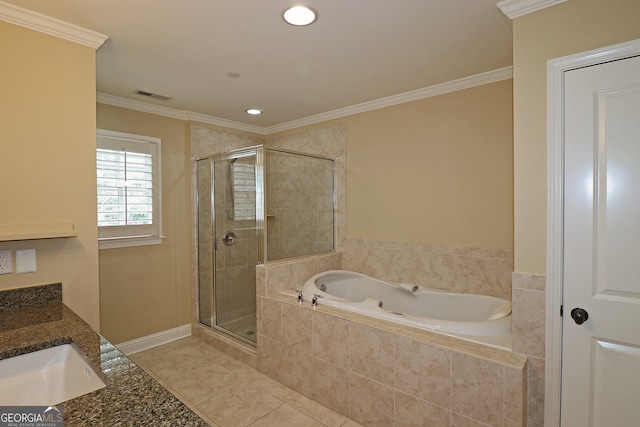 bathroom featuring independent shower and bath, vanity, tile patterned floors, and ornamental molding