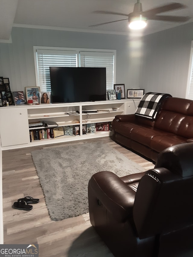 living room featuring ceiling fan, hardwood / wood-style flooring, and crown molding