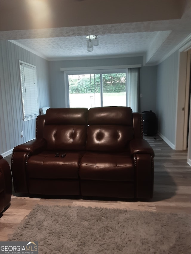 living room with a textured ceiling and wood-type flooring