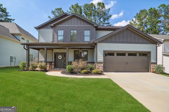 craftsman-style home featuring a garage, a front yard, and a porch