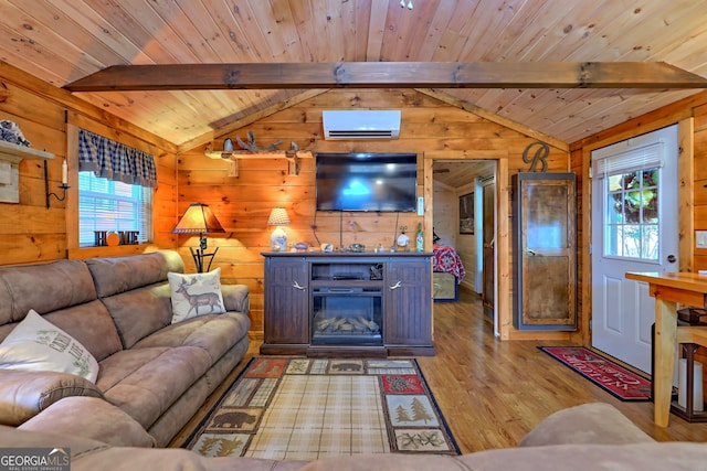 living room with light hardwood / wood-style flooring, wood walls, wooden ceiling, and lofted ceiling with beams