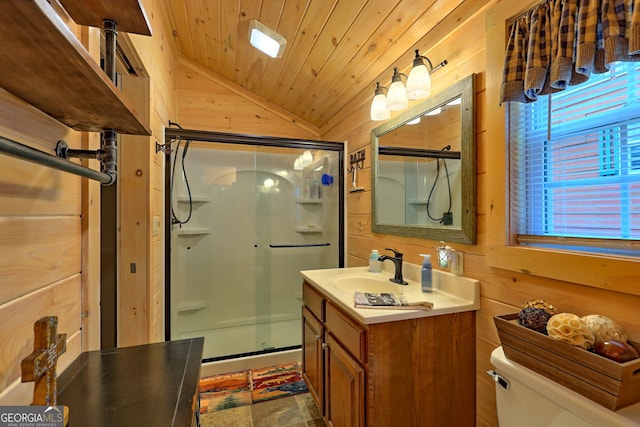 bathroom with vanity, vaulted ceiling, an enclosed shower, wooden ceiling, and toilet