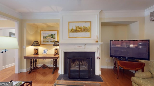 living room with crown molding and wood-type flooring