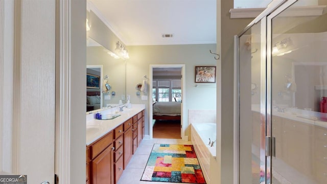 bathroom with tile patterned flooring, independent shower and bath, ornamental molding, and vanity