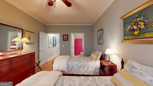 bedroom with ceiling fan and ornamental molding