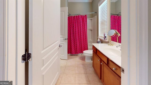 full bathroom featuring toilet, tile patterned flooring, ornamental molding, vanity, and shower / tub combo