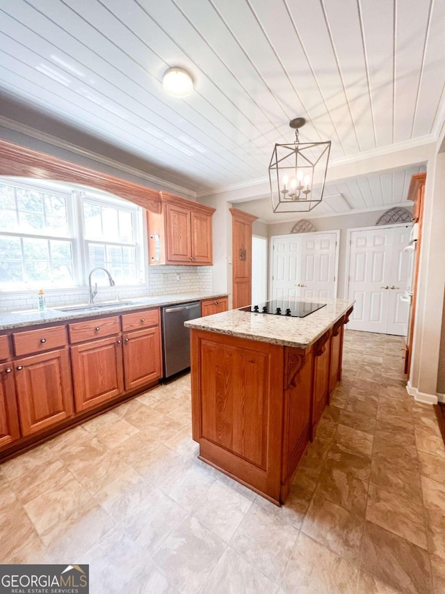 kitchen with a notable chandelier, wood ceiling, stainless steel dishwasher, a center island, and sink