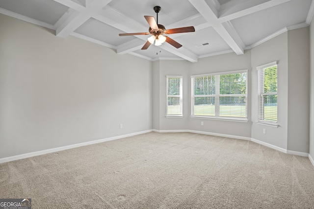 spare room featuring visible vents, light colored carpet, baseboards, and coffered ceiling