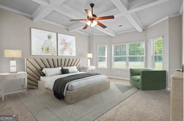 bedroom featuring baseboards, visible vents, coffered ceiling, beam ceiling, and carpet flooring