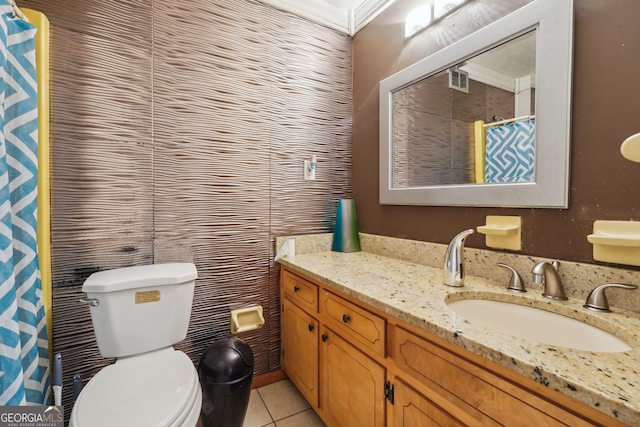 bathroom with vanity, tile patterned flooring, ornamental molding, toilet, and a shower with curtain