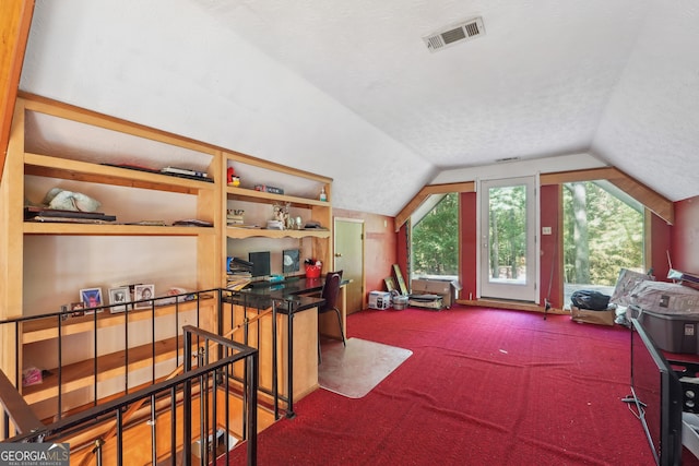 interior space with a textured ceiling, carpet, and vaulted ceiling