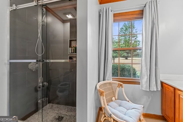 bathroom featuring vanity and a shower with shower door