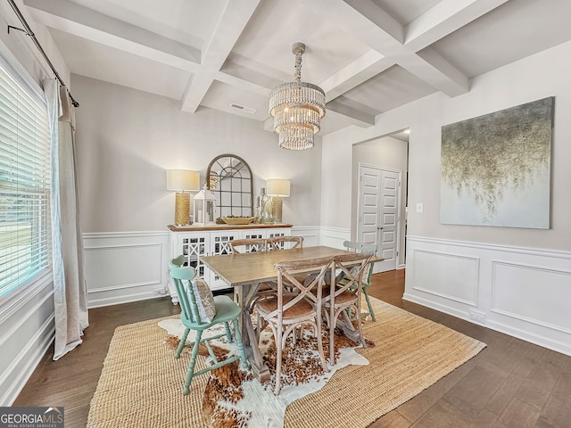 dining space with dark wood-type flooring, coffered ceiling, a chandelier, and beam ceiling